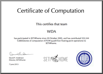 Certificat SETI@home WDA - 07/06/2013 (555.544 Unités).