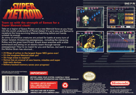 Sceau Nintendo discrètement visible derrière la boîte du jeu Super Metroid.