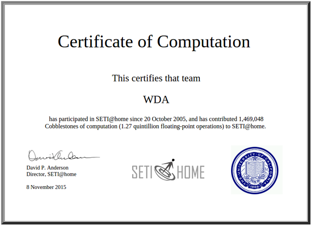 Certificat SETI@home WDA - 08/11/2015 (1.469.048 Unités).