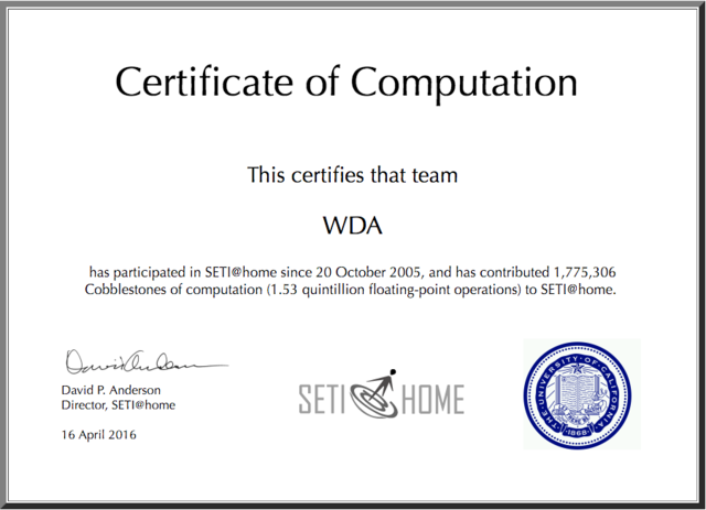 Certificat SETI@home WDA - 16/04/2016 (1.775.306  Unités).