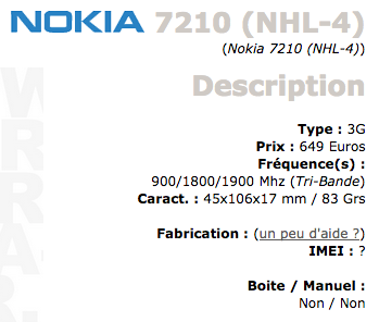Un bout de fiche du Nokia 7210 de la collection WDA.