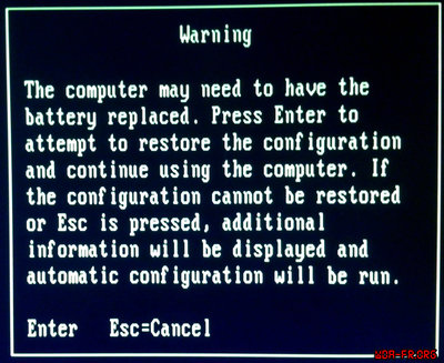 Avertissement concernant la fin de vie de la pile, à l'arrivée du menu d'options de la Reference Disk Ver. 1.08.