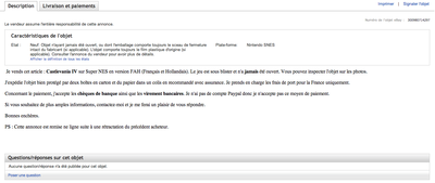 Détails de la vente eBay N° 300980714297 ("Super Castlevania IV" (PAL) pour Super-Nintendo à 10.000 Euros !).