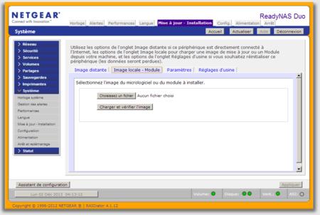 Menu "Mise à jour - Installation" du Netgear ReadyNAS Duo.