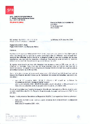 Lettre SFR datant du 31/12/2008 - 1/2