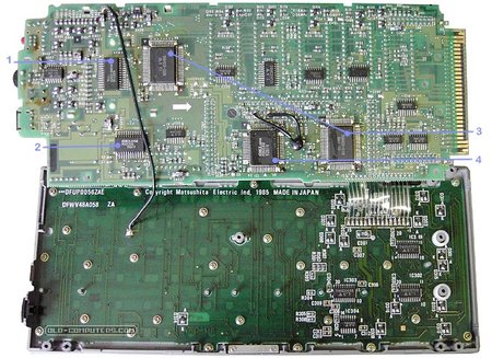 "The electronics is comprised of two superimposed cards. The components side of the upper logic card faces the components side of the bottom keyboard card. <br />(1) 64 KB ROM chip, holds the system BIOS<br />(2) 8 KB RAM chip<br />(3) Custom I/O and memory management chips<br />(4) Oki 80C86 processor"
