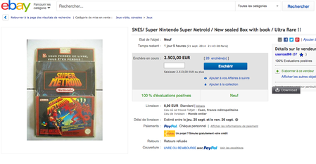 &quot;Super Metroid&quot; (Pal) pour Super-Nintendo à 2503 Euros !