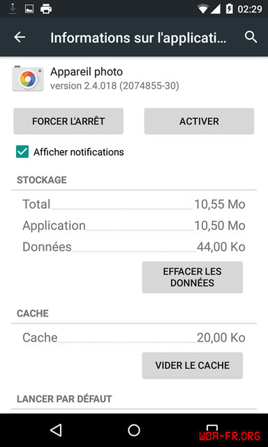 "Informations sur l'application Appareil photo" d'Android.