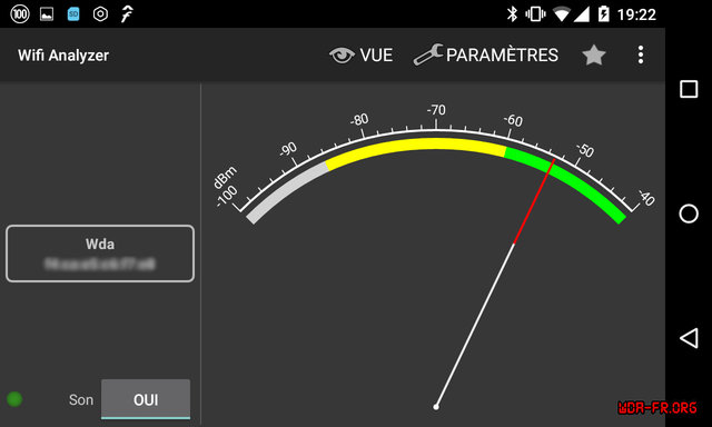 Modulomètre (ou Signal-mètre) sur le canal du SSID WiFi de la WDA via Wifi Analyzer.