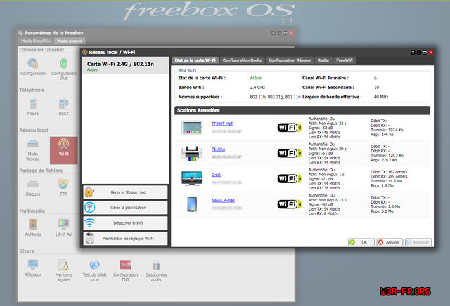 Réglages WiFi de la Freebox v6 (&quot;Revolution&quot;) via le tableau de bord interne de la Freebox v6 (&quot;Revolution&quot;).