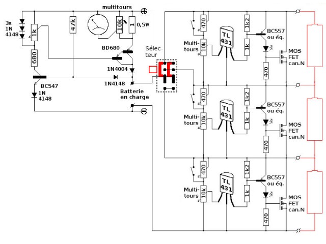 J'y ai ajouté la commutation 1/2/3 batteries ainsi que l'ajustement de tension 4,1V/4,2V !<br />Le générateur de courant constant réglable est ici mis à contribution !