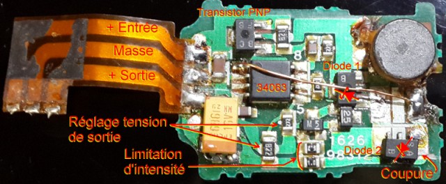 Et après (remplacement des résistances 822 et 272 par un petit potentiomètre 10k) ! Découpe d'une piste, déplacement d'une diode, d'un condensateur CMS et réglage à 9V…