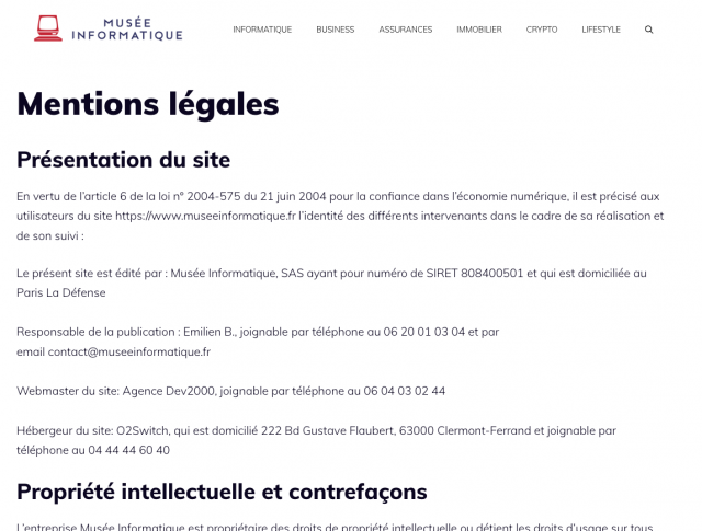 Mentions légales du site museeinformatique.fr le 16 Aout 2022.