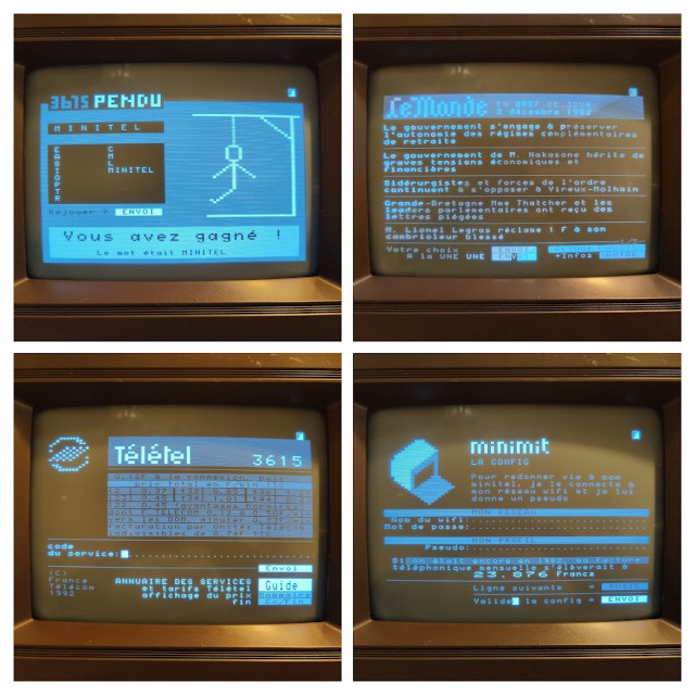 IMG20230108000517-COLLAGE.jpg (163.53 Kio) Vu 94424 fois Photos d'écrans des échos : "Le Pendu", "Le Monde", "3615 Télétel" et la page de config MiniMit.