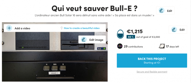 Capture d'écran de la campagne Ulule : &quot;Qui veut sauver Bull-E ?&quot;, au 16 Mars 2023.