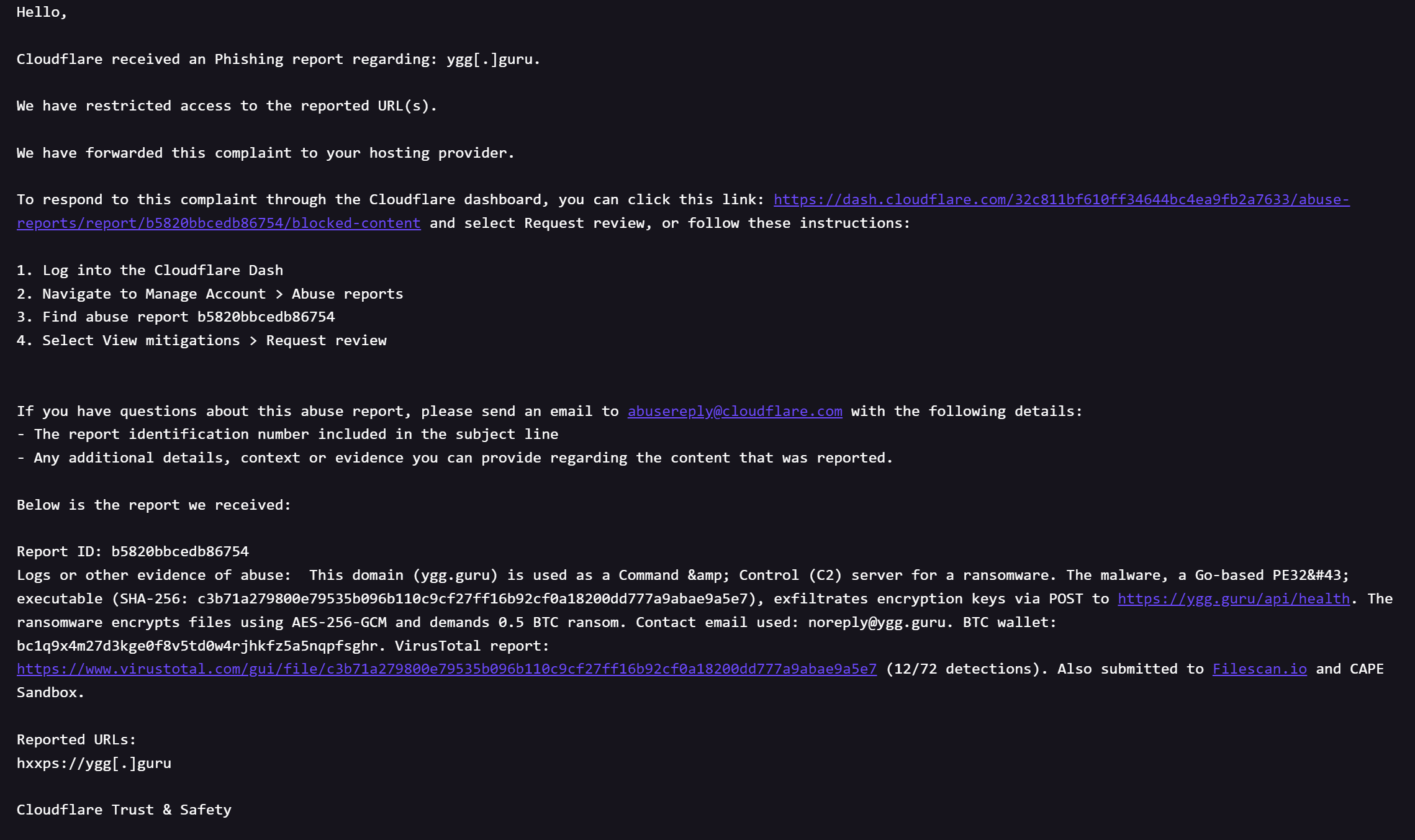 Faux rapport d'abus envoyé à Cloudflare