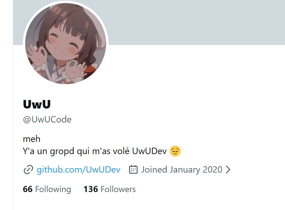 Profil Twitter @UwUCode avec avatar d'animation japonaise, lié au compte GitHub UwUDev