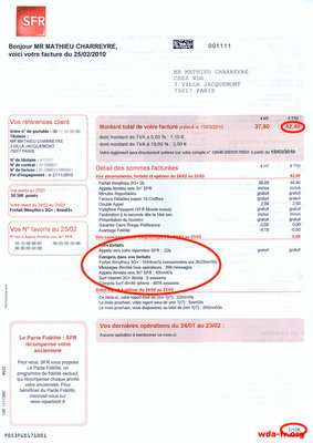 Facture SFR du 25/02/2010.