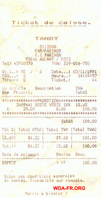 Ticket TANDY de 1991 pour une boite de 10 disquettes 3&quot;1/2