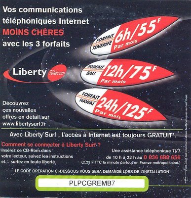 Kit de connexion Liberty Surf &quot;Liberty Telecom&quot; (3 forfaits) / (verso)