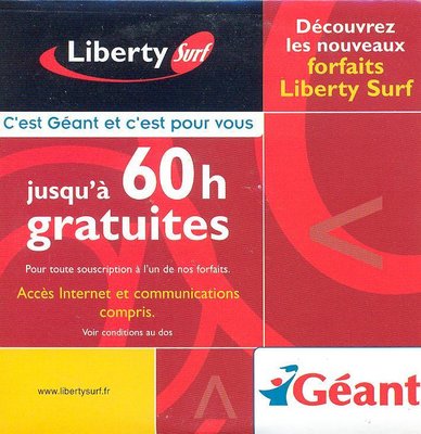 Liberty_surf_7_R.jpg (109.65 Kio) Vu 7107 fois Kit de connexion Liberty Surf (60H), offre en partenariat avec l'enseigne Géant - 2001 (recto)