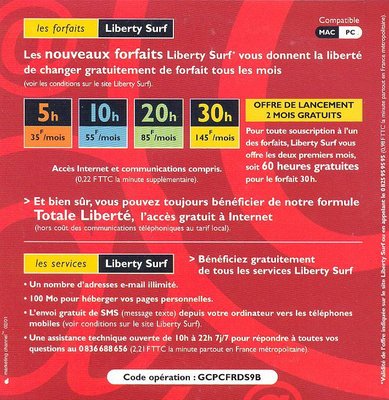 Liberty_surf_7_V.jpg (147.75 Kio) Vu 7107 fois Kit de connexion Liberty Surf (60H), offre en partenariat avec l'enseigne Géant - 2001 (verso)
