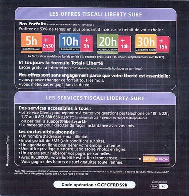 Liberty_surf_8_V.jpg (181.64 Kio) Vu 7114 fois Kit de connexion TISCALI/Liberty Surf, offre en partenariat avec l'enseigne Géant - 2002 (verso)