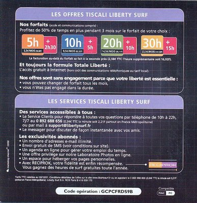 Kit de connexion TISCALI/Liberty Surf, offre en partenariat avec l'enseigne Géant - 2002 (verso)